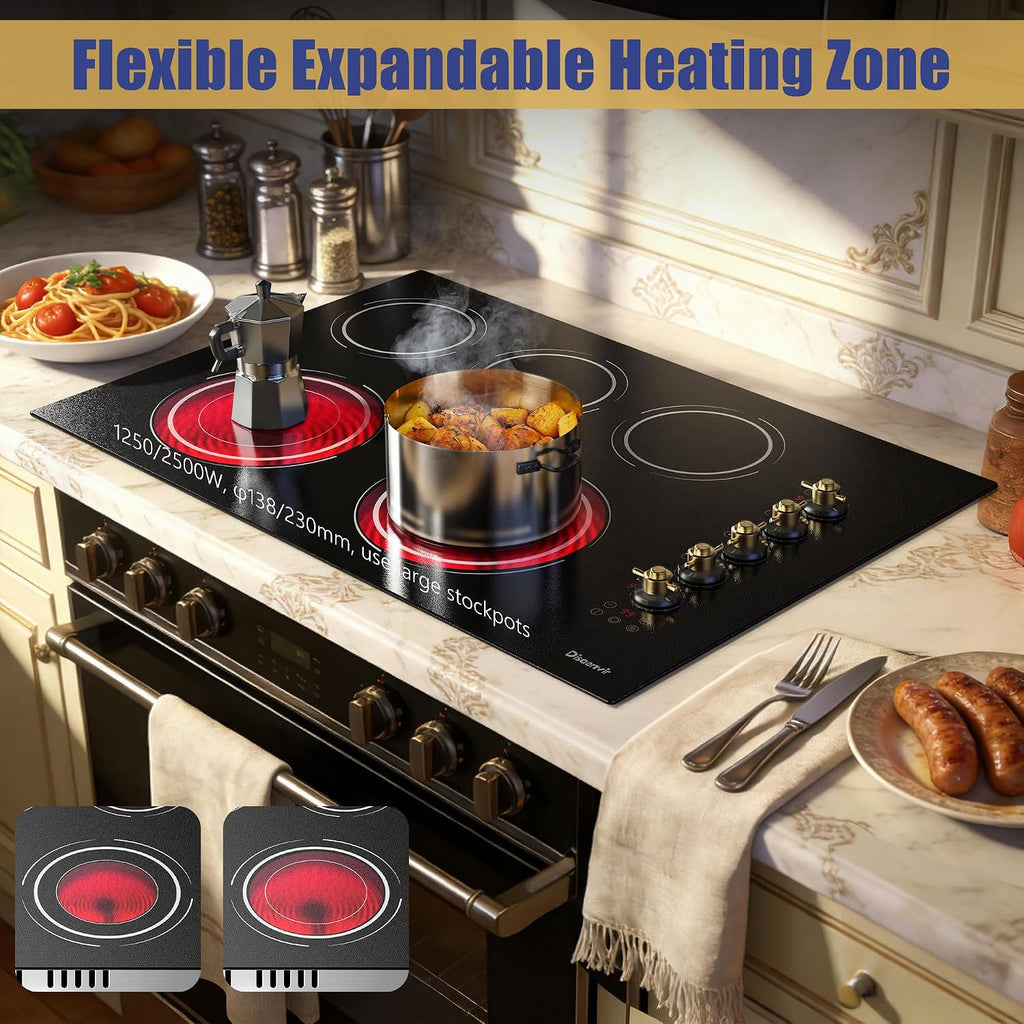 Upgraded 30 Electric Cooktop - 8600W High Power 5 Burners Electric Stove, Built-in 30 Inches Ceramic Stove Top Knob and Touch, Timer, Safety Lock, Timer, 220-240V Hard Wired (No Plug)