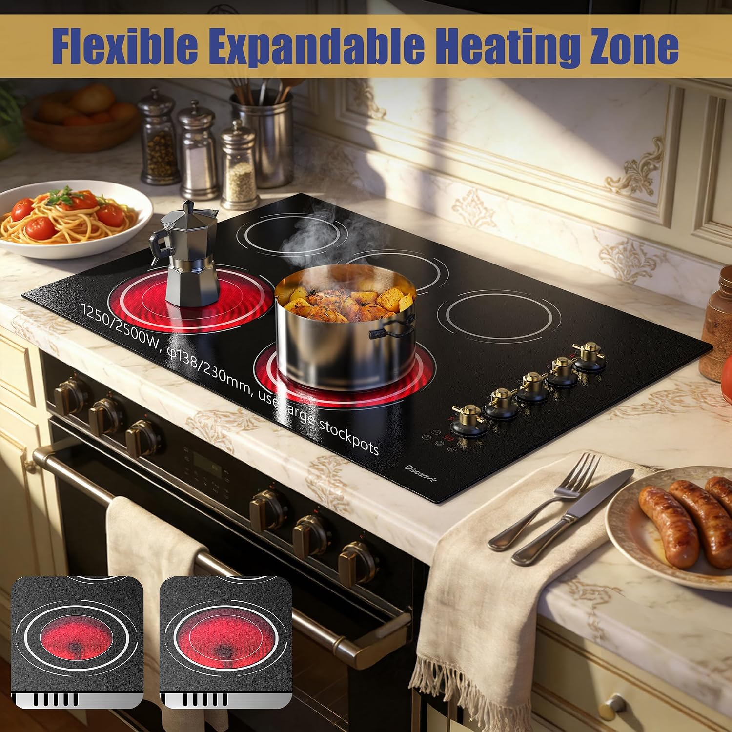 Upgraded 30 Electric Cooktop - 8600W High Power 5 Burners Electric Stove, Built-in 30 Inches Ceramic Stove Top Knob and Touch, Timer, Safety Lock, Timer, 220-240V Hard Wired (No Plug)
