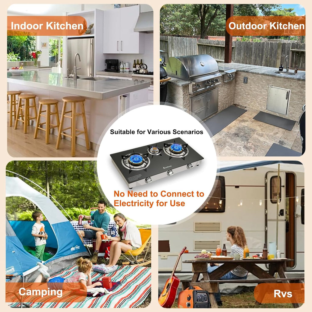 3 Burner Propane Gas Stove with Auto Ignition, 34000 BTU High-Efficiency Heavy-Duty Tempered Glass Cooktop, CSA Regulator & Hose Included, for Outdoor Camping Emergency