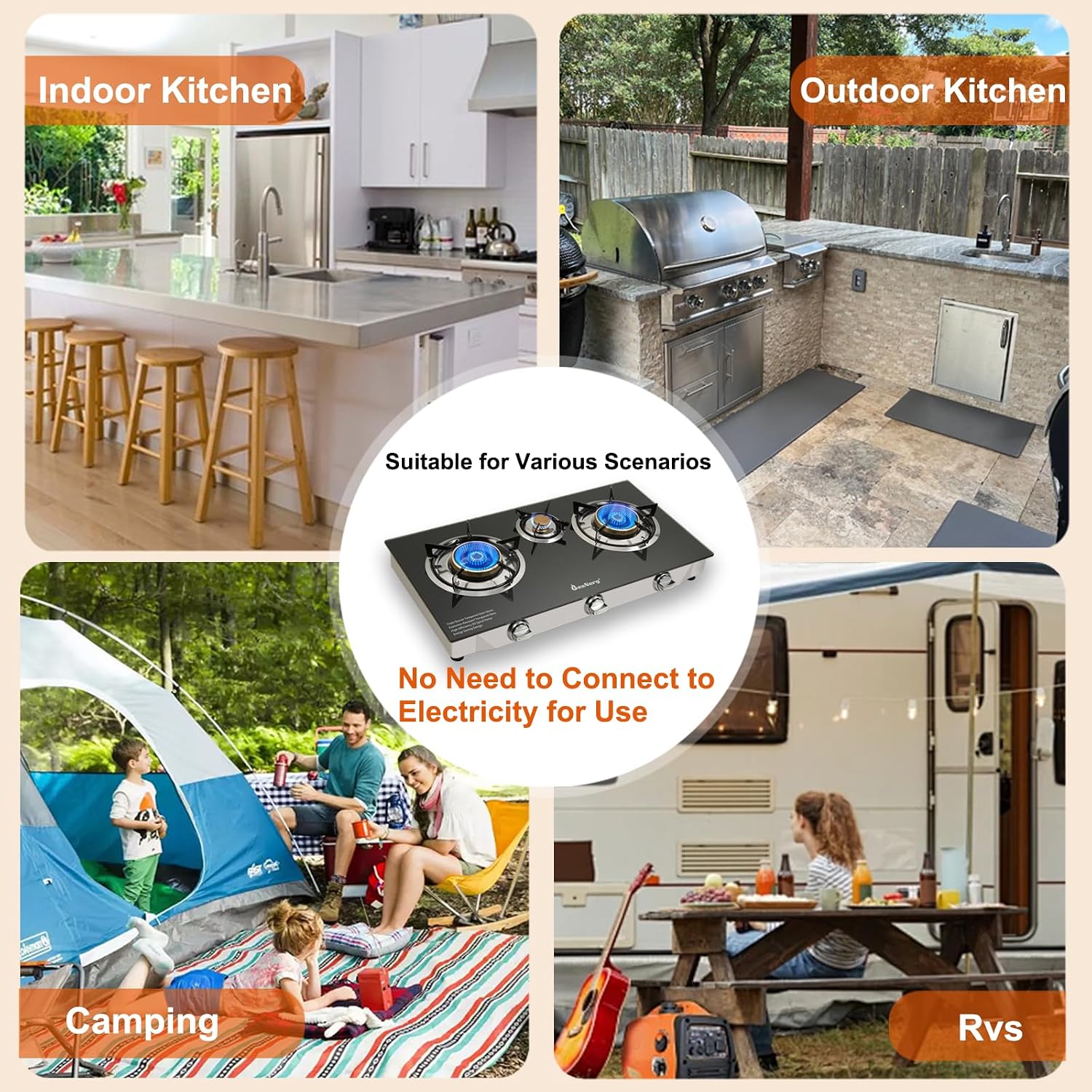 3 Burner Propane Gas Stove with Auto Ignition, 34000 BTU High-Efficiency Heavy-Duty Tempered Glass Cooktop, CSA Regulator & Hose Included, for Outdoor Camping Emergency