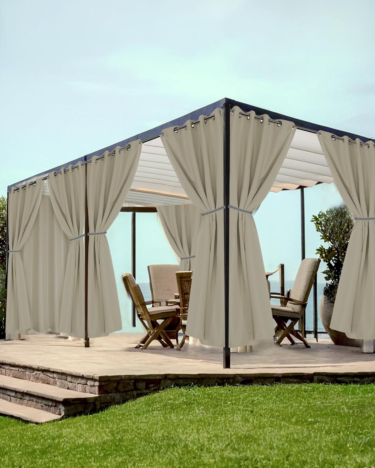 HolidayIdeas Grommet Outdoor Curtains for Patio Waterproof 8 Pcs All Weather Balcony Outside Curtains for Apartments, Gazebo, Pergolas, Porch, 54x120 Inch, Taupe