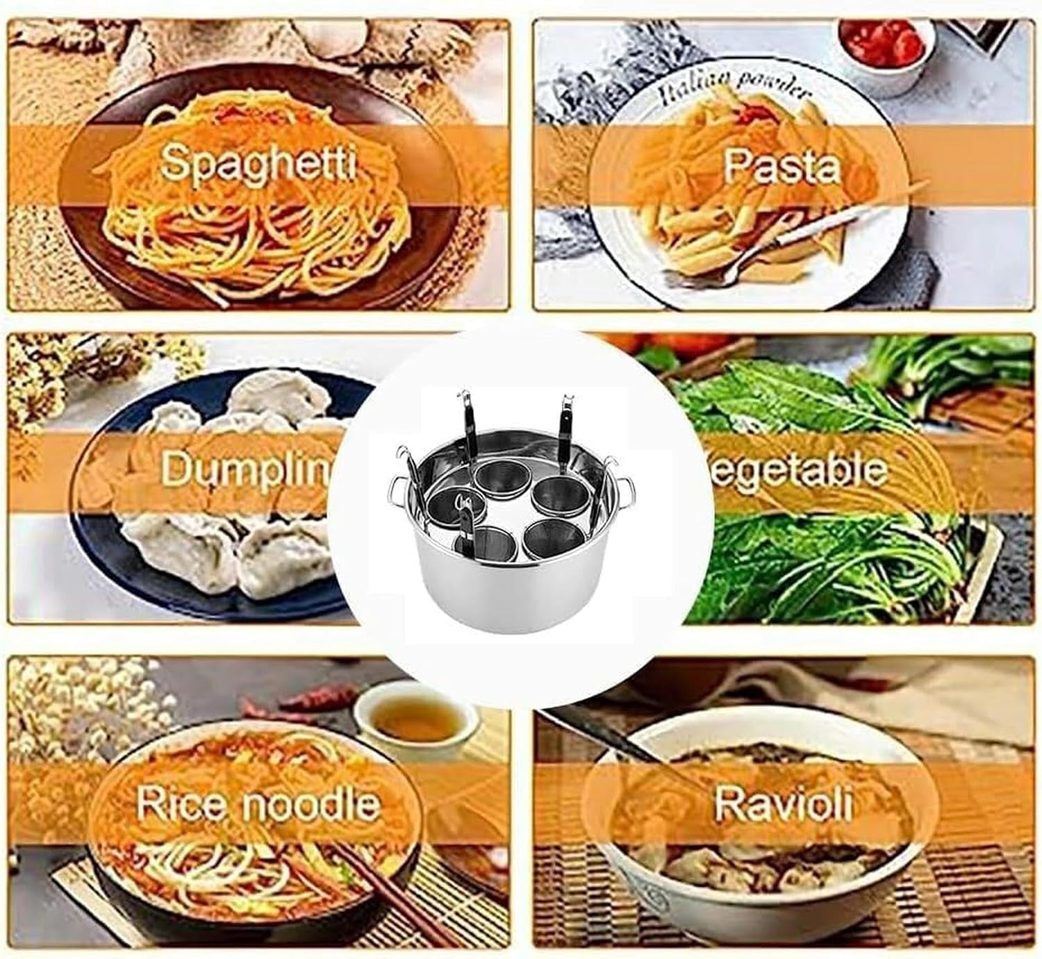 Commercial Stainless Steel Pasta Cooker Set with Dividers, 3/5/6 Mesh Filter Baskets, Strainer, Stock Pot, Ideal for Noodles, Pasta, Dumplings, Soups, Compatible with All Cooktops