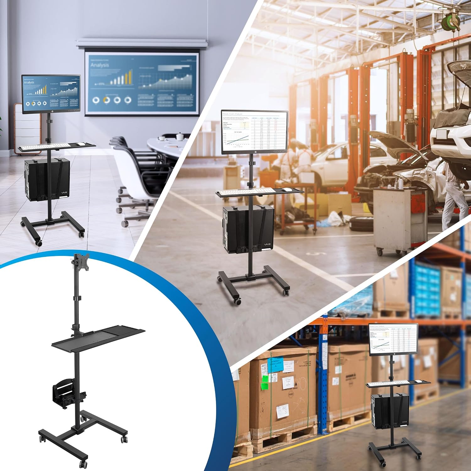 Mount-It! Rolling Computer Cart on Wheels, Mobile Desk Workstation with Monitor Mount for up to 32' Screen, Full Keyboard Tray, Floating Adjustable CPU Holder, Standing up to 70' Tall