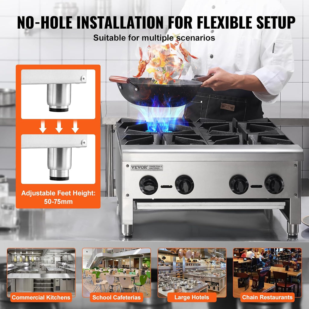 VEVOR Commercial Gas Stove with 4 Burners, Propane and Natural Gas Countertop Cooking Stove Range, Stainless Steel Gas Hot Plate, Commercial Cooking Equipment for Restaurant, 112,000 BTU
