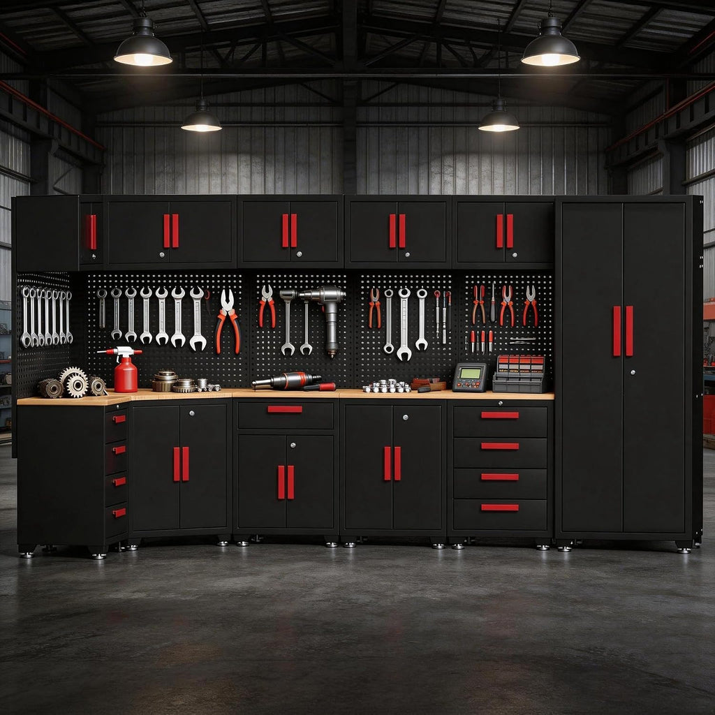 18-Piece Corner Garage Storage Cabinet System - Heavy Duty Workshop Set w/Corner Cabinet Includes Workbench, Pegboard & Lockable Drawers | Metal Tool Organization System for Garage/Workshop