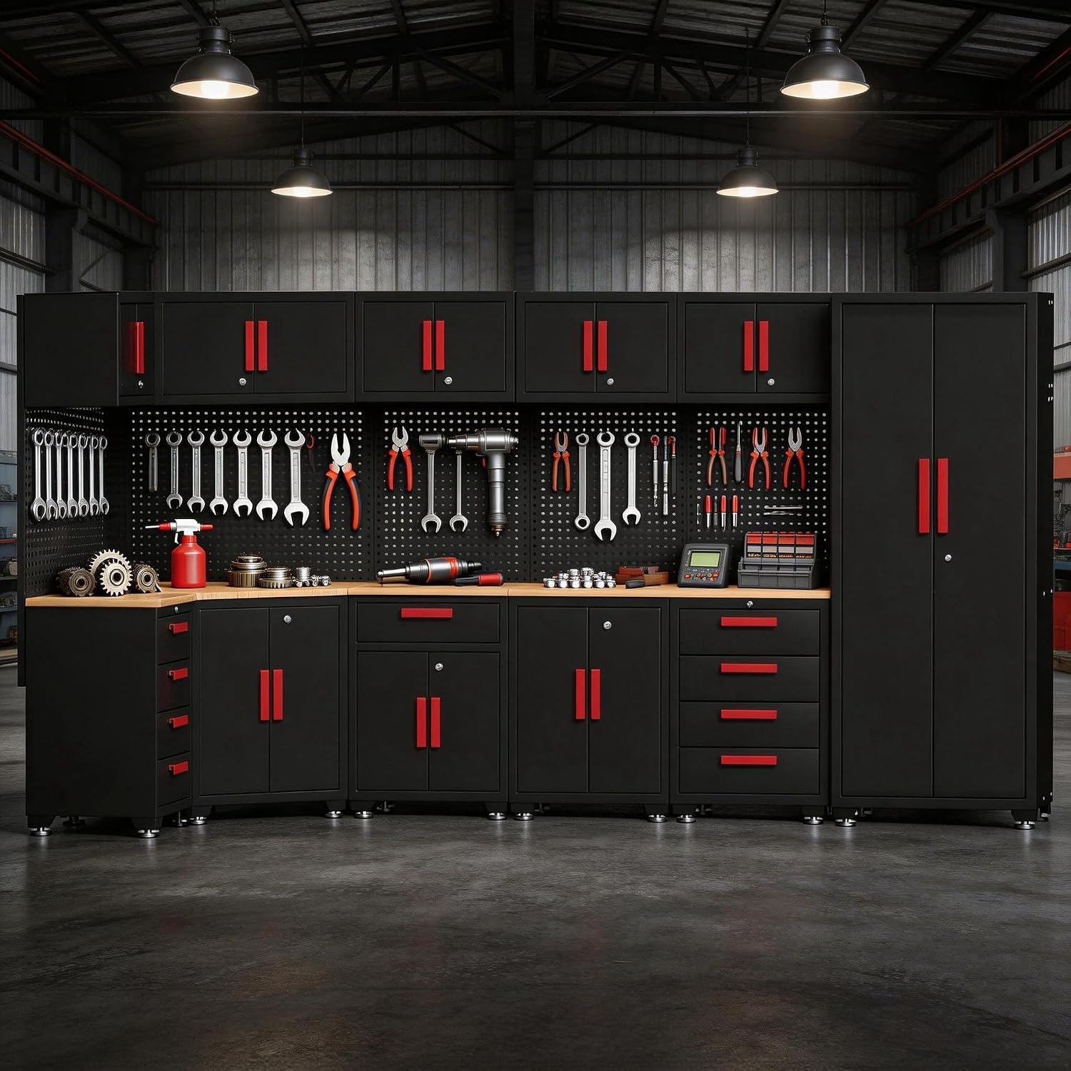 18-Piece Corner Garage Storage Cabinet System - Heavy Duty Workshop Set w/Corner Cabinet Includes Workbench, Pegboard & Lockable Drawers | Metal Tool Organization System for Garage/Workshop