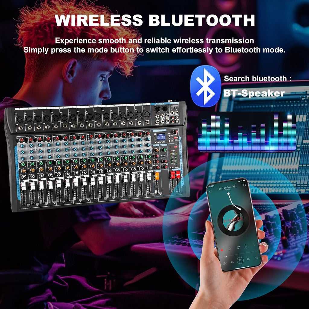 16 Channel Audio Interfacer Sound Board Mixer DJ Mixer 16-Bit DSP Effect USB Audio Mixer +48V Phantom Power Bluetooth Mixer for Karaoke Studio Streaming Recording,Live Streaming