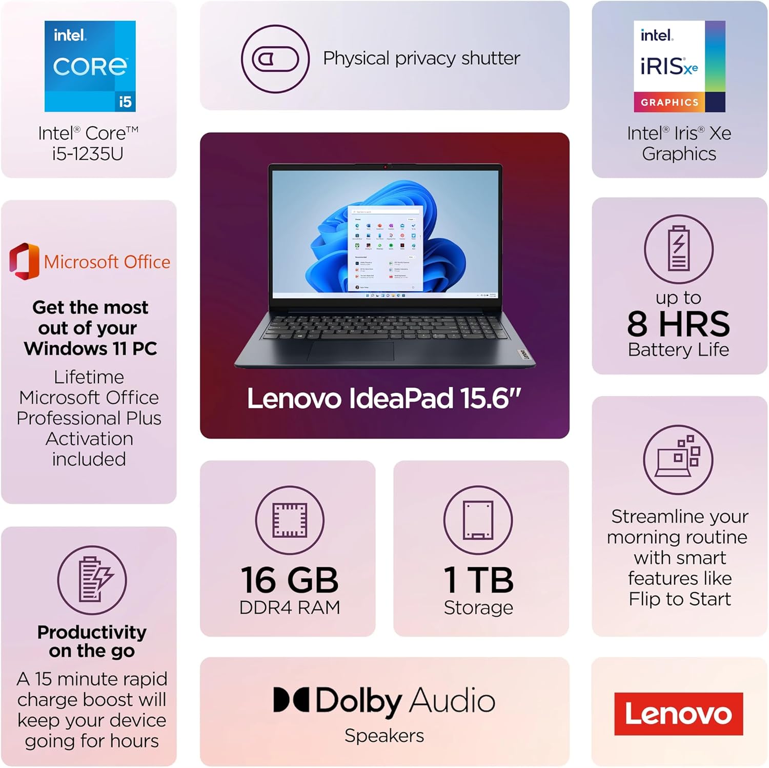 Lenovo IdeaPad Laptop 2025 Business Computer, 15.6' FHD Touchscreen, 16GB RAM, 1TB Storage (512GB SSD +500GB Ext), 10-Core Intel Core i5, Long Battery, HubxcelAccessory Win 11 Pro Lifetime Office 2024