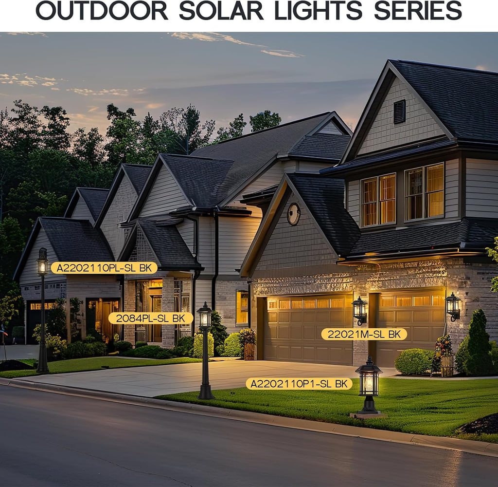 Emliviar 82' Solar Street Lamp Outdoor, LED Dusk to Dawn Pole Solar Light with Remote Control, Waterproof Post Lighting with Seeded Glass, A2202110PL-SL BK