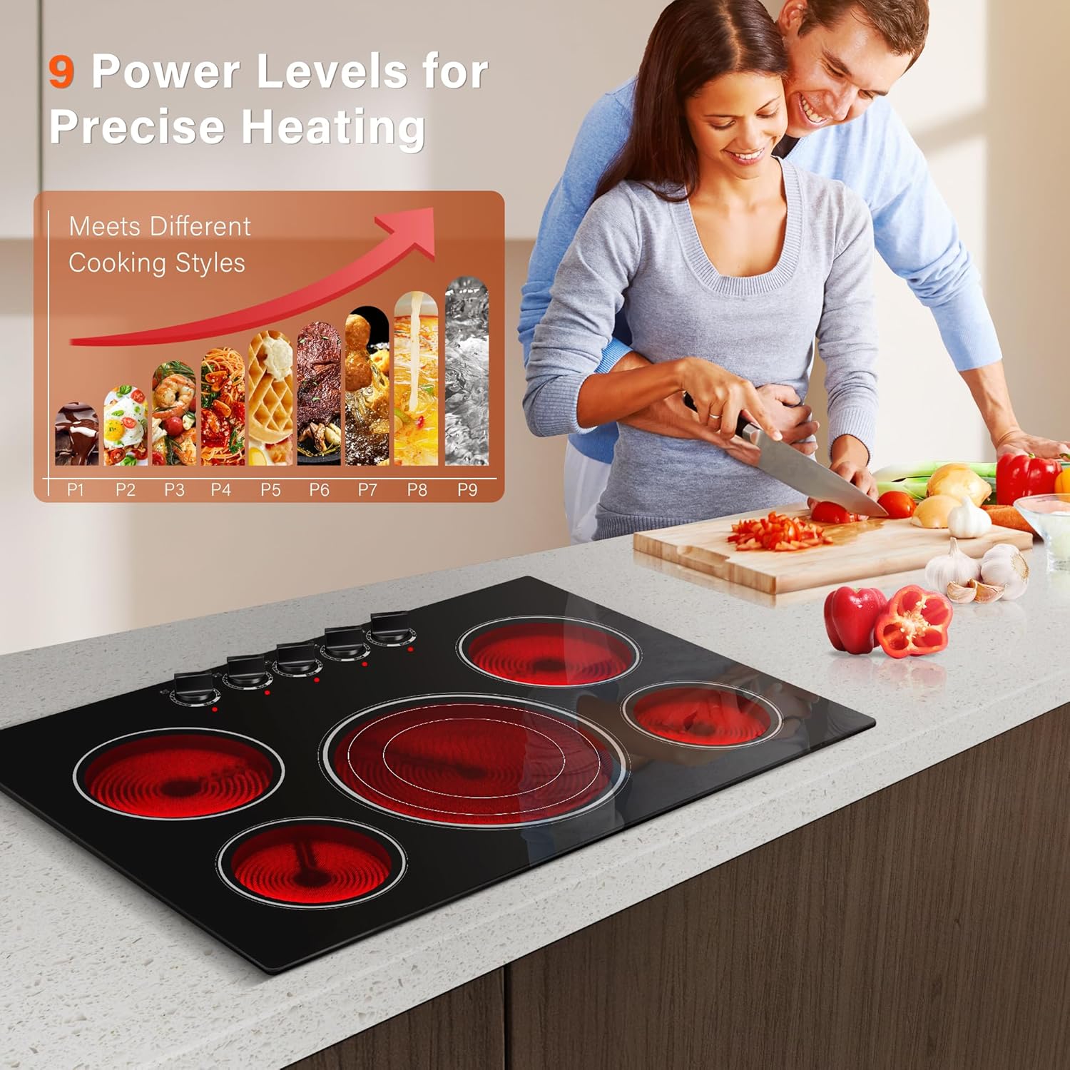 30 Inch Built-in Electric Cooktop with Expandable Triple Ring Burners, 5 Burner 9000W Ceramic Stove Top - Easy Knob Controls & Residual Heat Indicator (220-240V Hardwired)