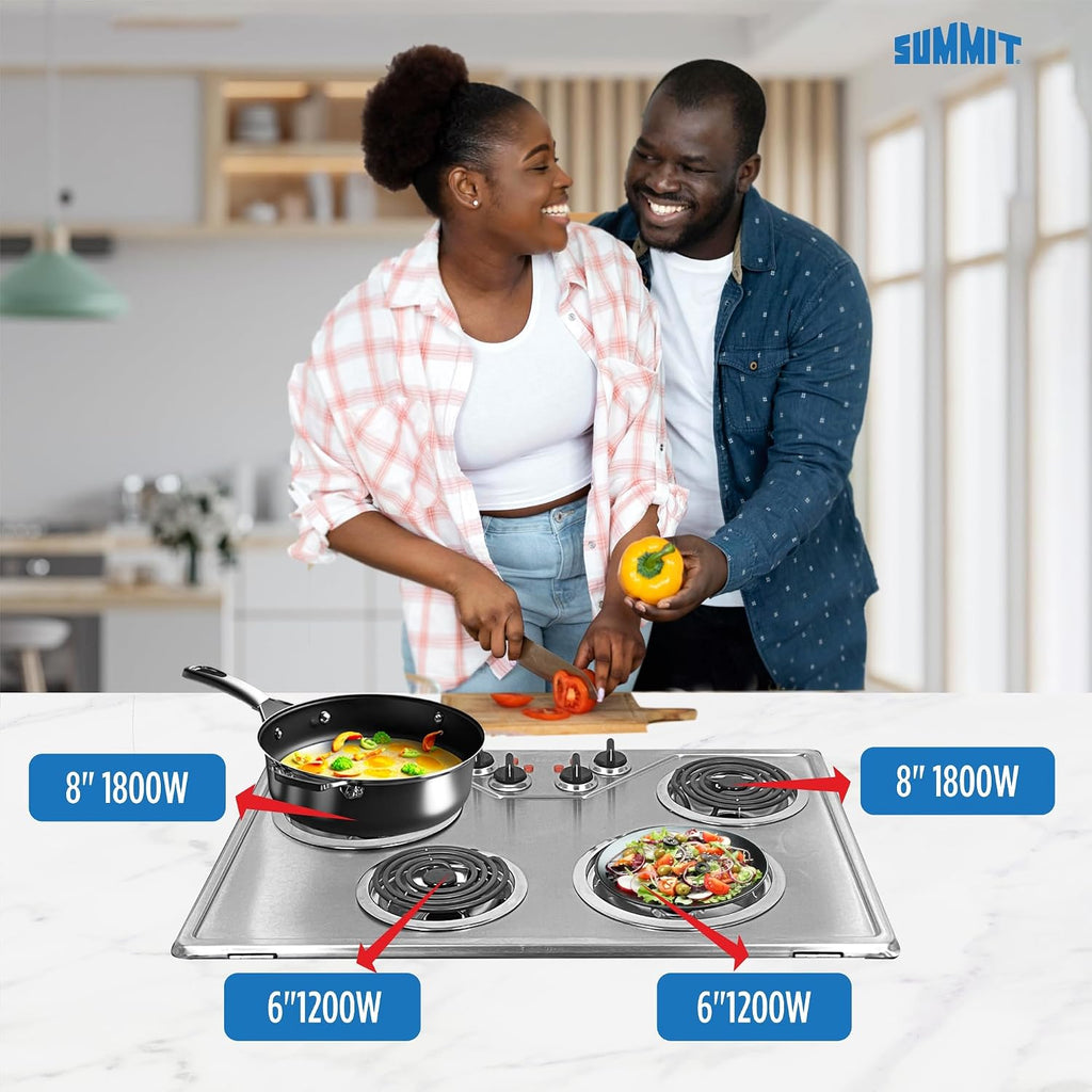 Summit 30' 4 Burner Electric Cooktop, 230 Volt Coil Electric Cooktop, ADA compliant, Stainless Steel- CR430SS