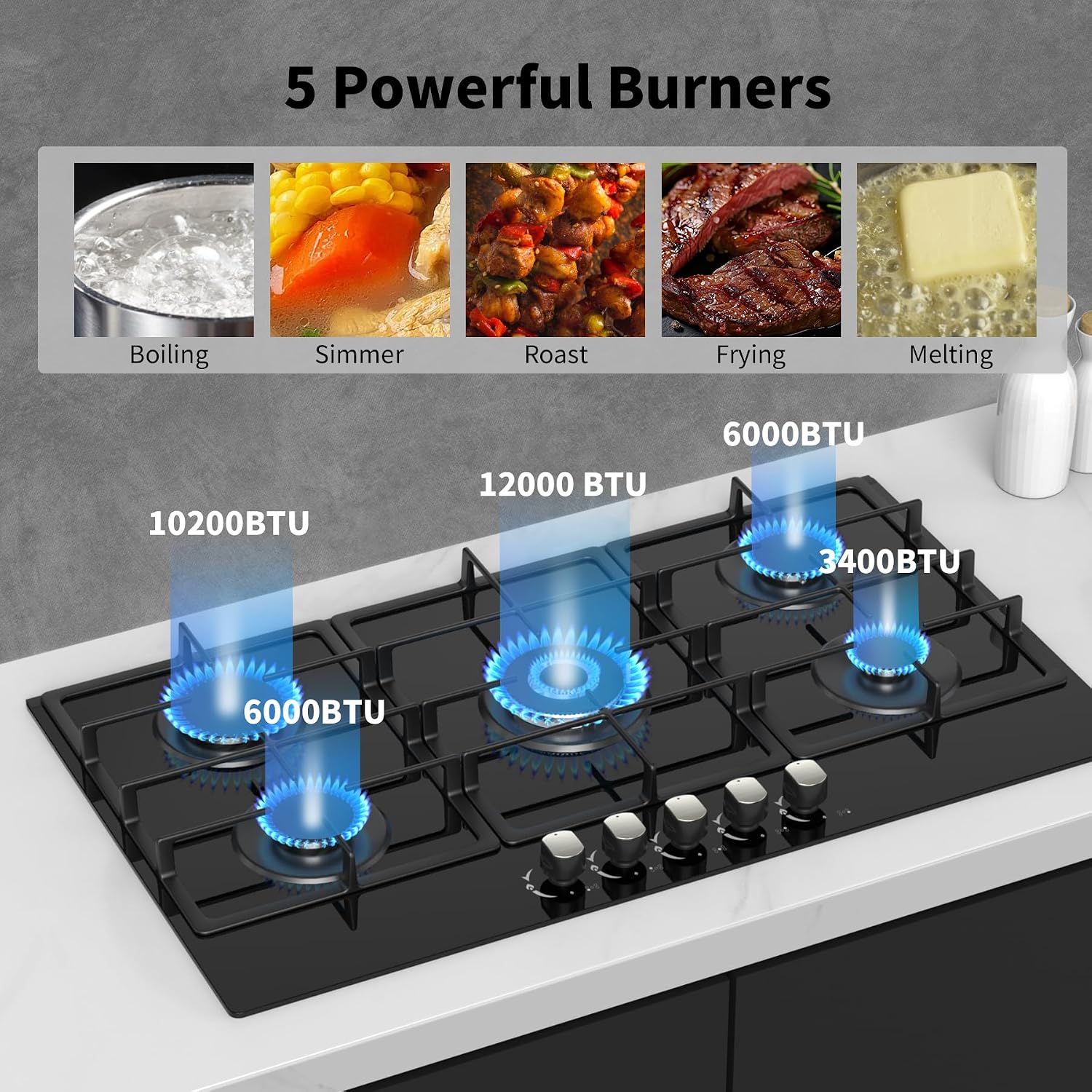 36 Inch Gas Cooktop Propane Stove, 5 Burner Built-in Gas Stove Top with Tempered Glass Panel, NG/LPG Dual Fuel Auto Ignition Propane Cooktop with Thermocouple Protection