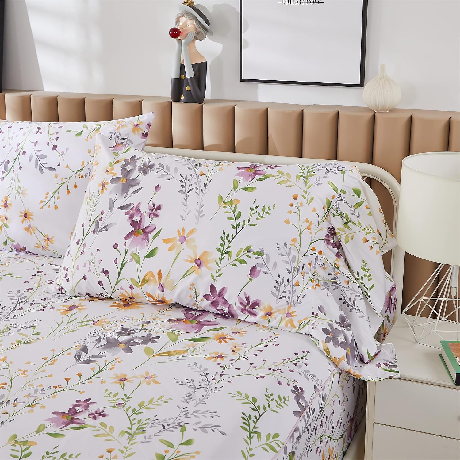 ABREEZE Floral Bedding Shabby Purple Print Bed Sheet Set Girls Bedding Set Luxury Bedding Collections 1000 Thread Count 100% Egyptian Cotton Deep Pocket King, 4 Pieces