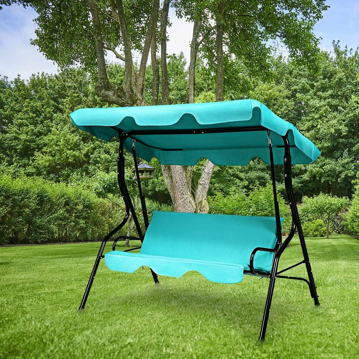 3-Seater Canopy Swing Chair, Waterproof Outdoor Swing Cushioned Seat with Adjustable & Removable Canopy, Steel Frame Polyester Fabric Oxford Cloth Patio Hammock Cover Top (Turquoise)