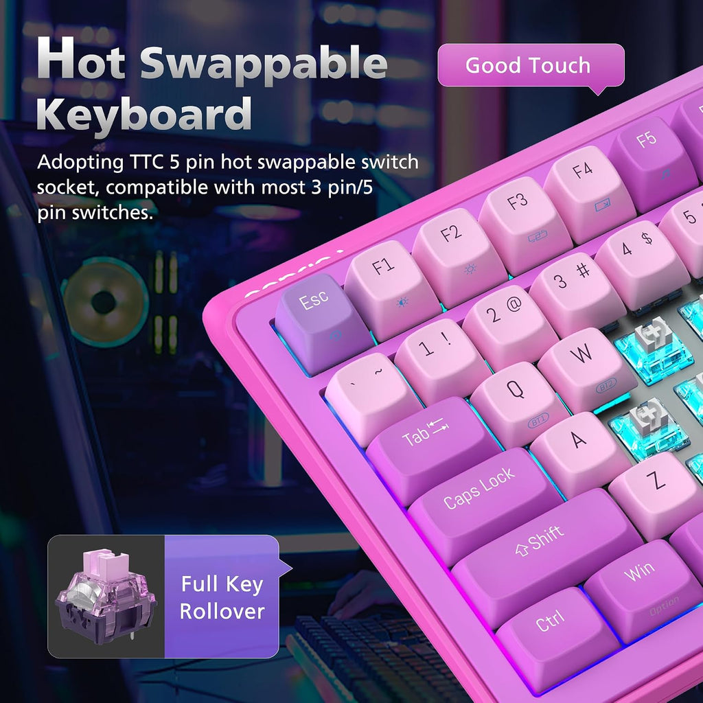 H98 Wireless Mechanical Keyboard,96-Key Hot-Swappable Wired Gaming Keyboard,Tri-Mode Bluetooth 5.0 2.4G USB-C,1.14' Color Screen,Double Knob,6000mAh,RGB,PBT Keycaps for PC Mac iPad-Purple
