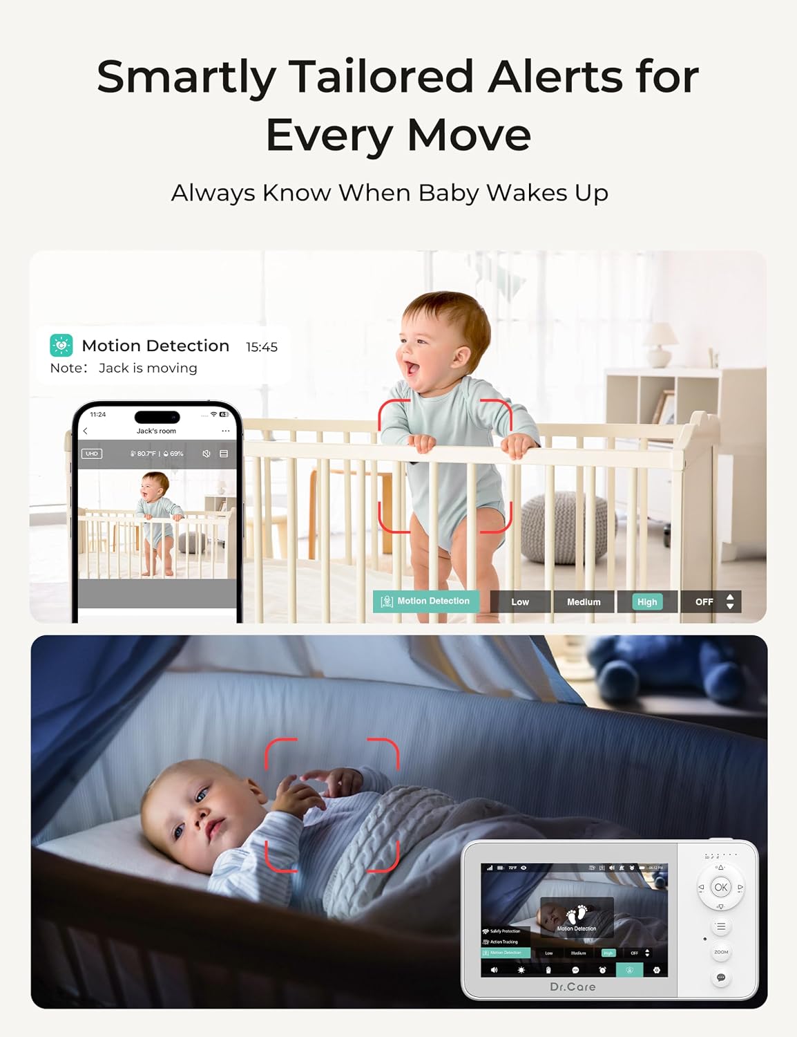Dr.Care VistaView Lite RB Smart WiFi Baby Monitor with 2 Cameras - 4' 720P Split Screen & 1080P Camera App Control, Motion Alerts, 2500mAh Removable Battery, Night Vision, 2-Way Talk, Multi-User