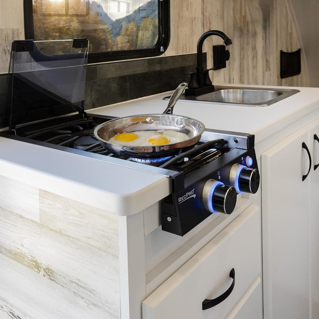 RecPro RV Built In Gas Cooktop | 2 Burner or 3 Burner | RV Cooktop Stove | 6,500 and 8,000 BTU Burners | Cover Included (2 Burner Black)