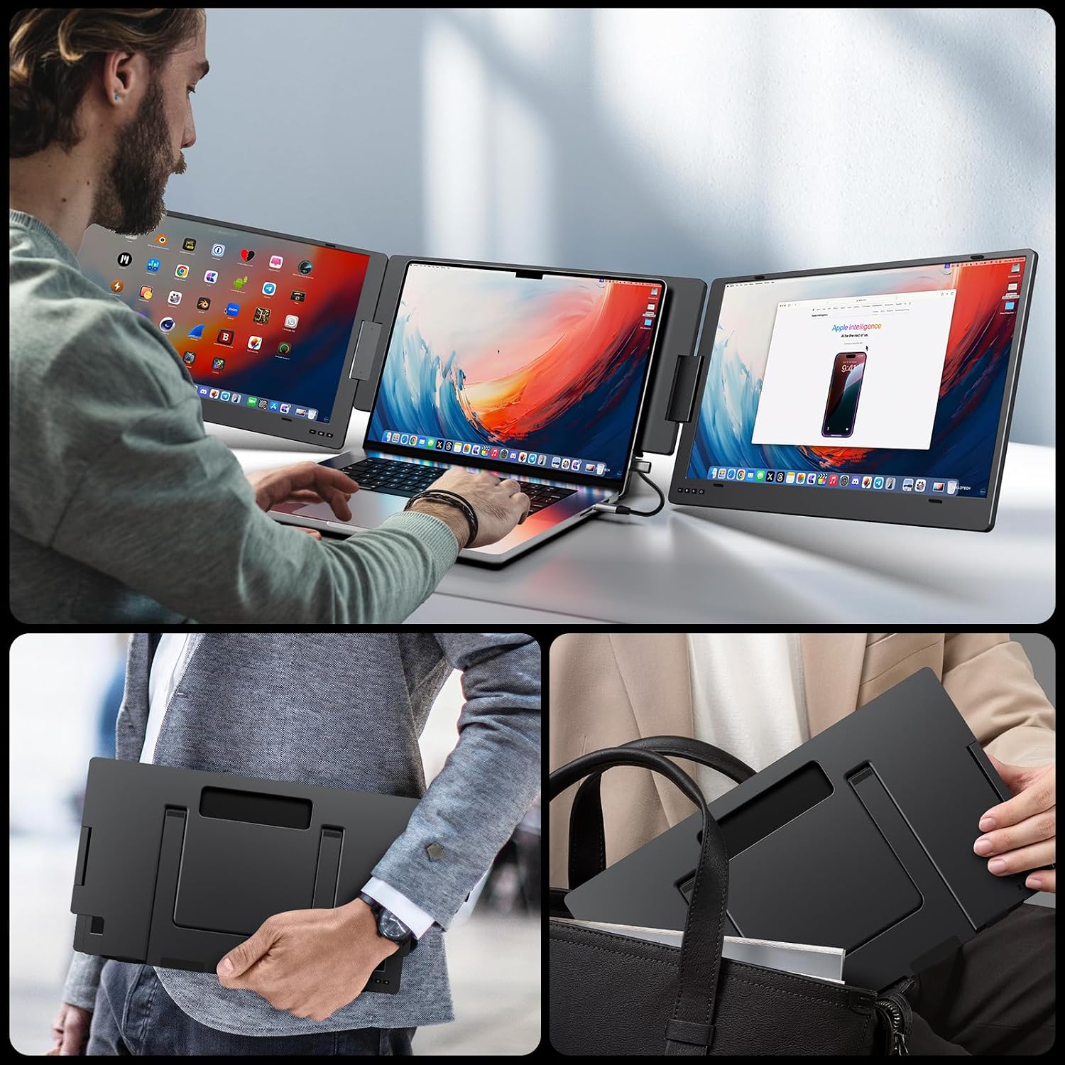 KYY 15.6' Laptop Screen Extender, 1080P FHD IPS Portable Monitor, One Cable USB-C Triple Monitor, Dual Travel Screen for 12'-17'' Laptops, 360° Rotation & Kickstand，X90D (Driver Need)