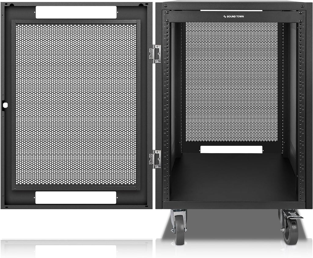 Sound Town 16U Universal Steel Rack, w/Mesh Doors, Locking Casters, Vented Side Panels for Audio Video, Server and Network Equipment (STRK-M16UWD)