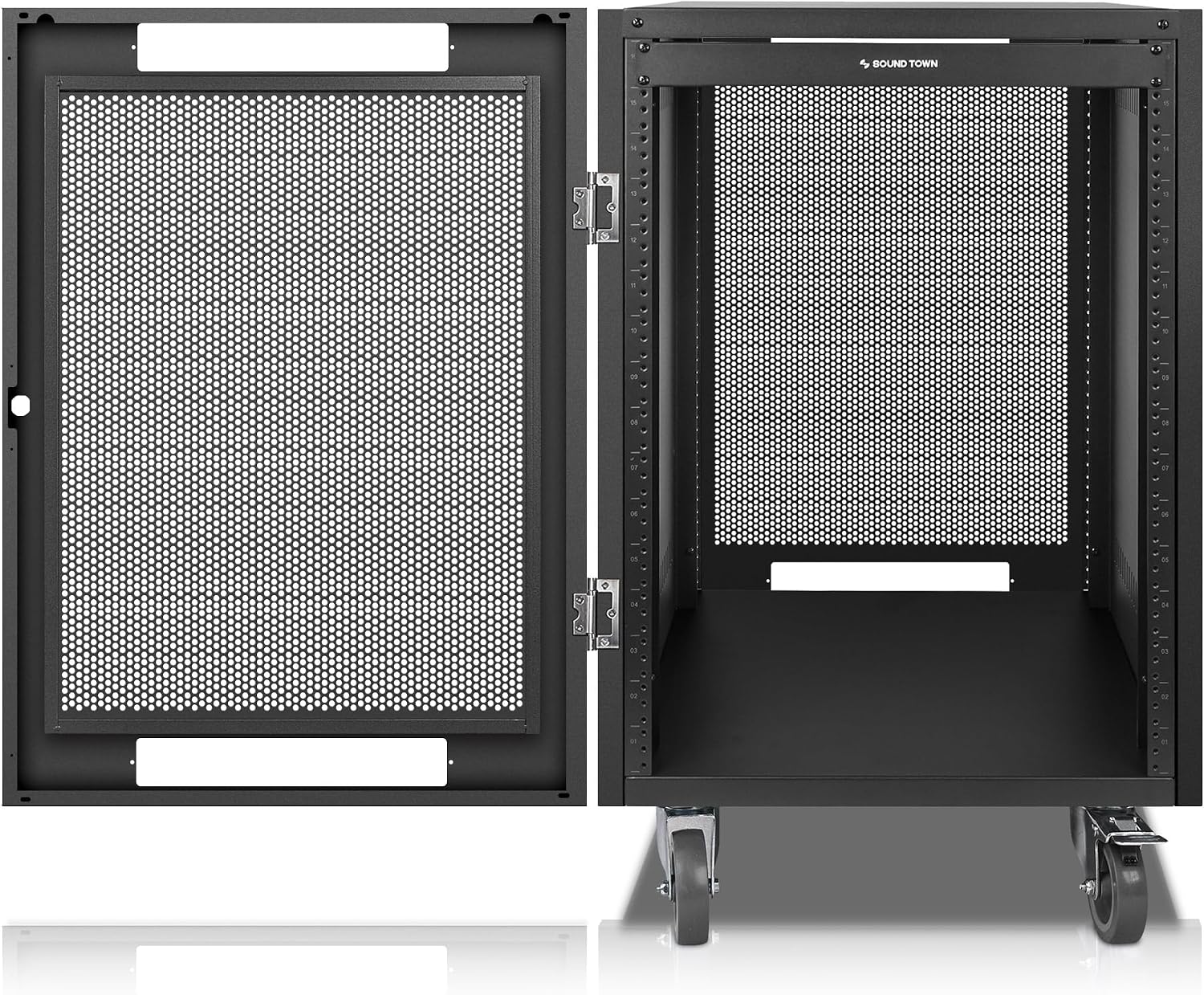 Sound Town 16U Universal Steel Rack, w/Mesh Doors, Locking Casters, Vented Side Panels for Audio Video, Server and Network Equipment (STRK-M16UWD)