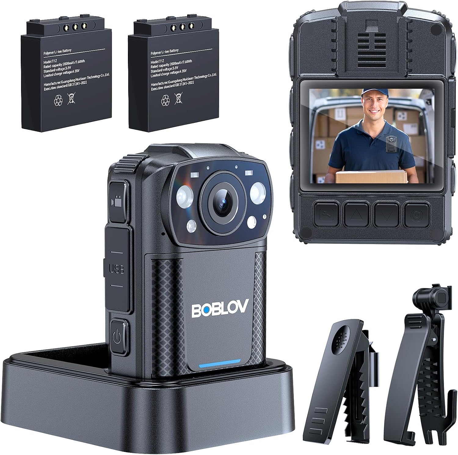 BOBLOV KJ26 2K Body Camera with Dual 2000mAh Batteries & Charging Base, 8H Continuous Recording, Night Vision, and 360° Rotatable Clips for Law Enforcement, Security & Outdoor Use (256GB)