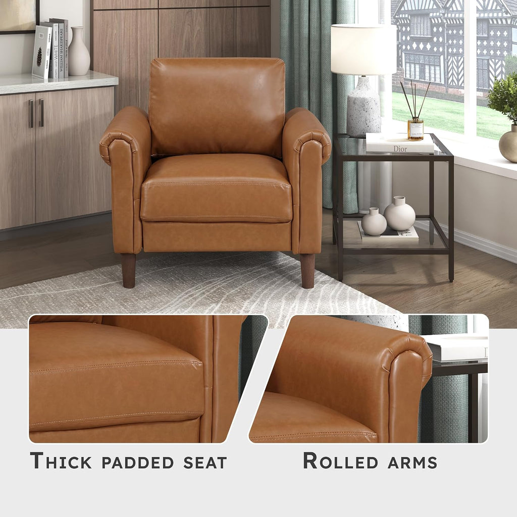Lexicon 35' W Living Room Accent Chair, Faux Leather Upholstered Armchair with Rolled Armrest for Bedroom/Office/Waiting Room, Single Sofa Chair, Brown