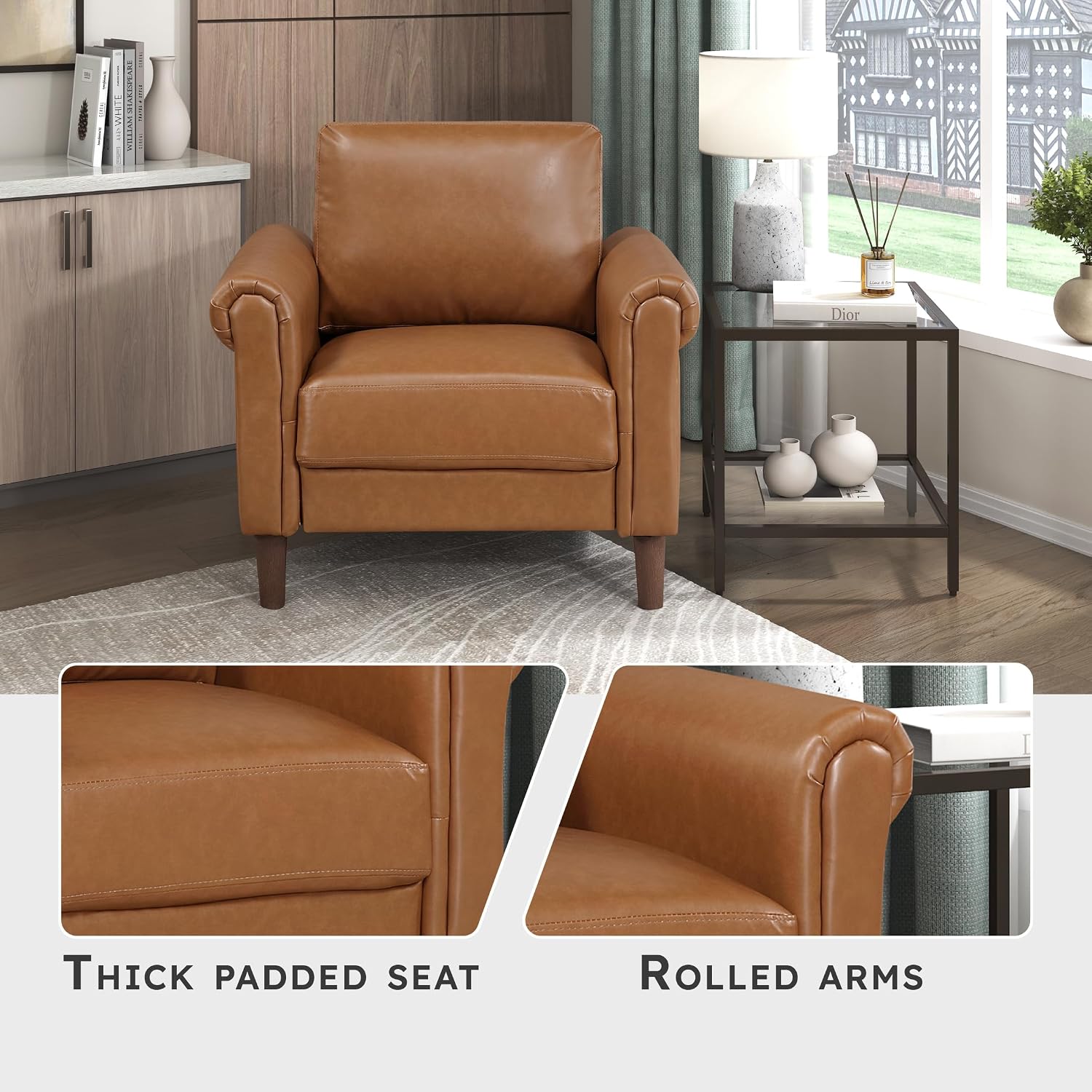 Lexicon 35' W Living Room Accent Chair, Faux Leather Upholstered Armchair with Rolled Armrest for Bedroom/Office/Waiting Room, Single Sofa Chair, Brown