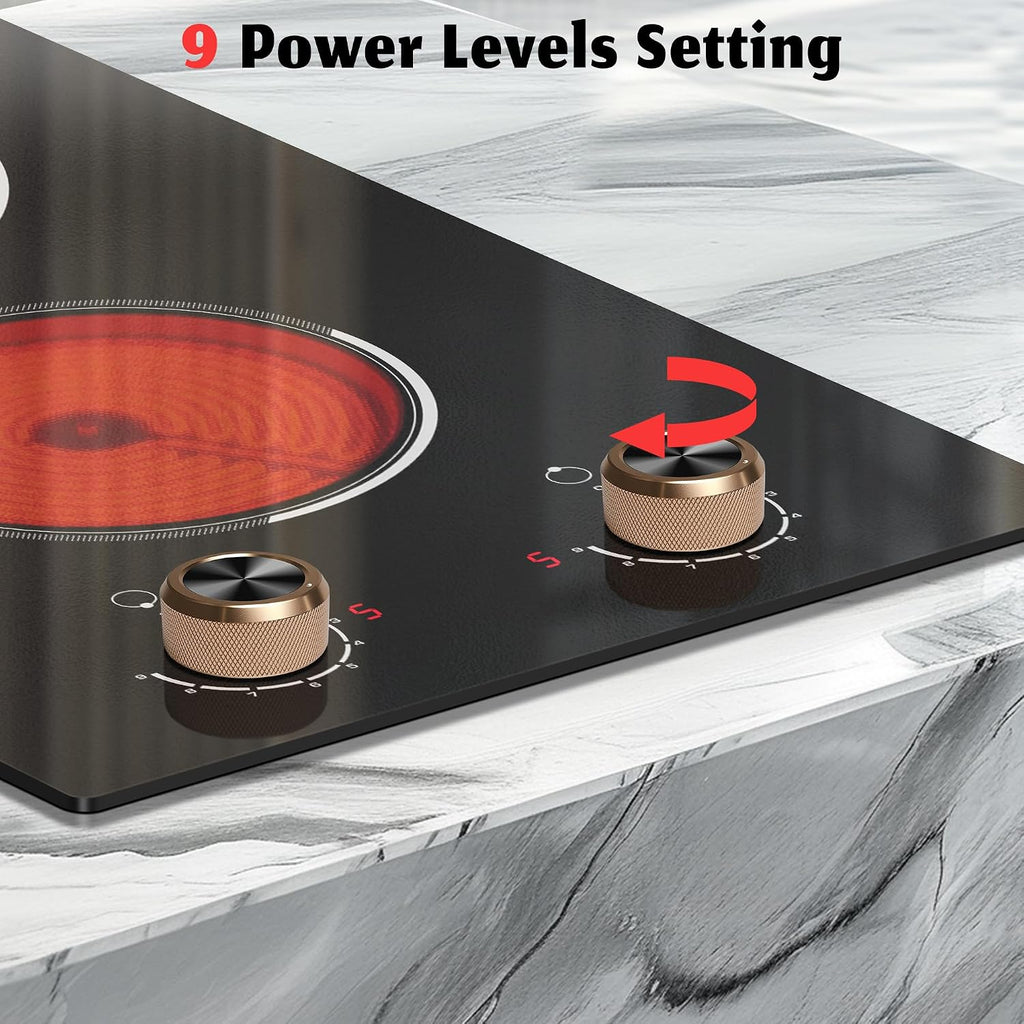 2 Burner Electric Cooktop, Built-in & Countertop Electric Stovetop 12 Inch, Ceramic Cook Top with Knob Control, 9 Power Levels Setting, Over-Temperature Protection, 110V - 120V Plug in
