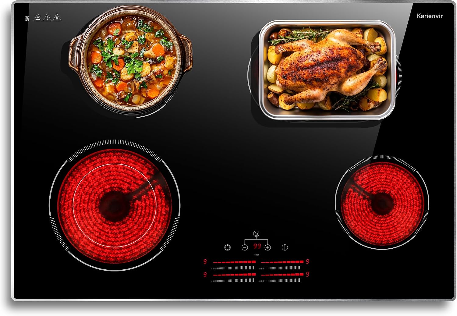 30 Inch Electric Cooktop, 4 Burner Electric Stove with Double Ring Burner & Extended Zone, 6600W Electrics Cooktop 220V-240V, 9 Power Levels, Slide Control, Safety Lock, Timer