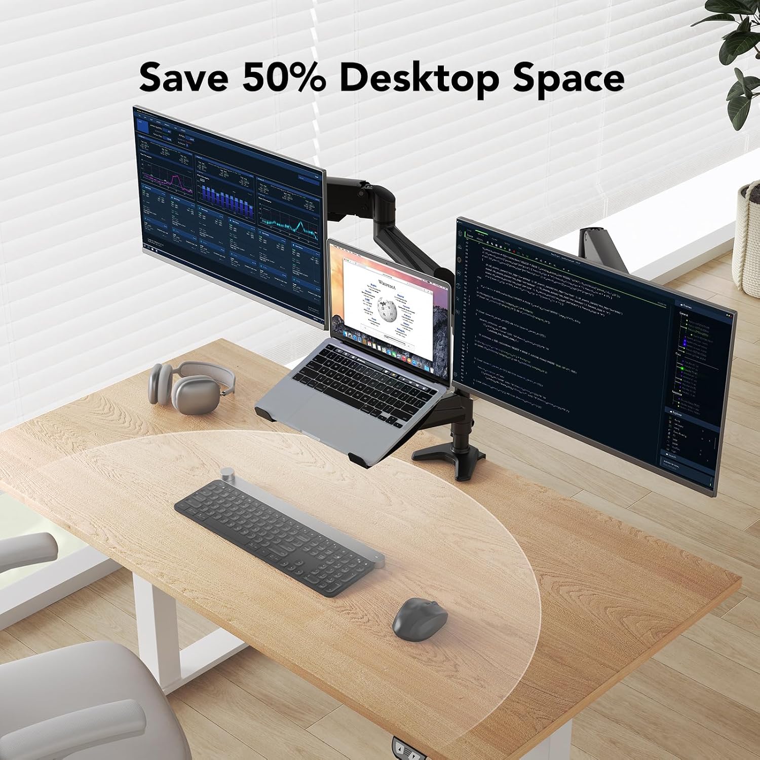 HUANUO Dual Monitor and Laptop Mount for Max 32' Monitor and 17' Laptop, Adjustable Arm with Tilt, Swivel and Rotation, Dual Monitor and Notebook Stand with VESA Bracket 75/100 mm