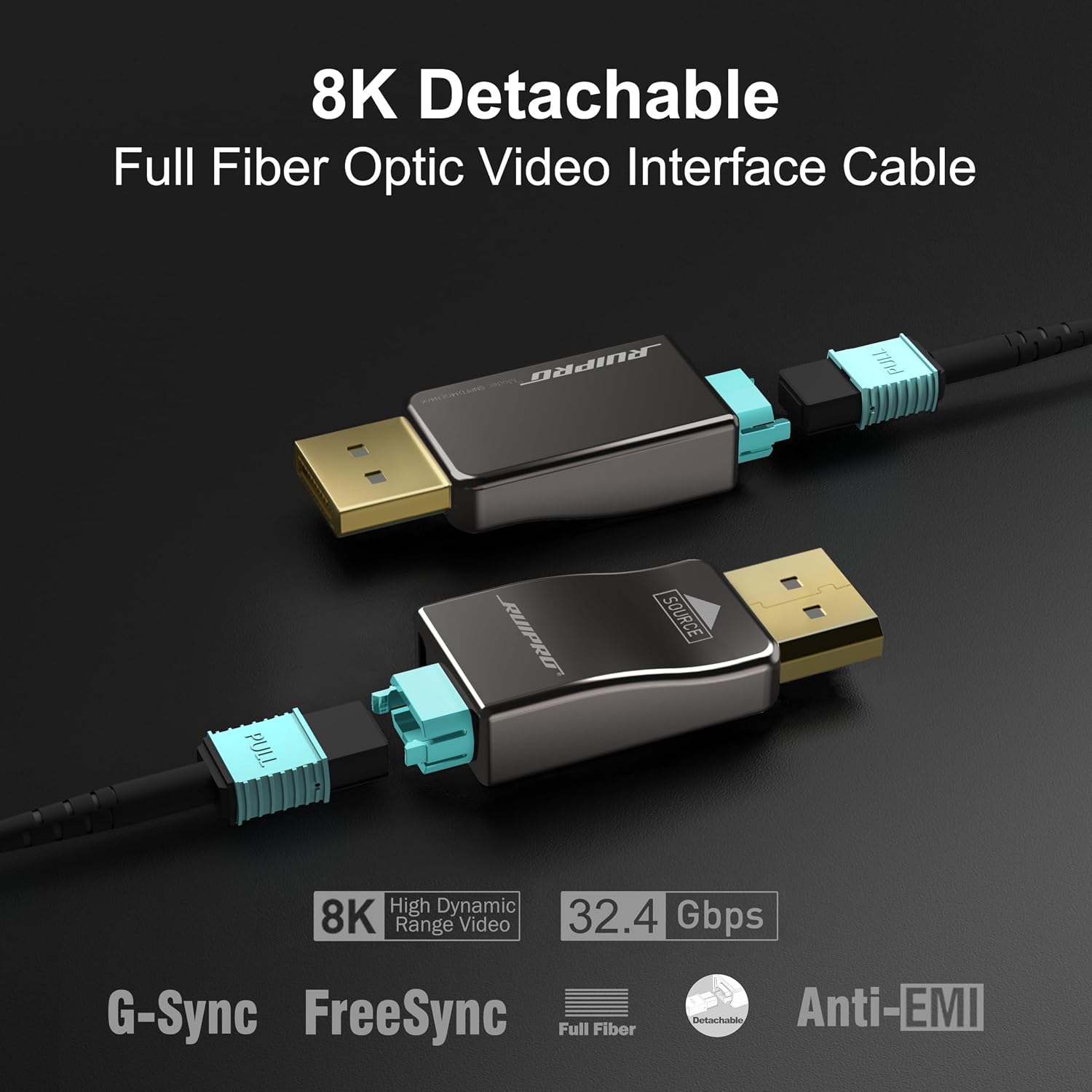 RUIPRO 8K Detachable Full Fiber Optic Armored 8K60Hz Cable 1.4, 6FT, 32.4 Gbps, Supports 4K@144Hz, HDR, HDCP 2.2&2.3, FreeSync & G-Sync, Compatible with RTX 4090/3090 Ti/RX 7900 XTX