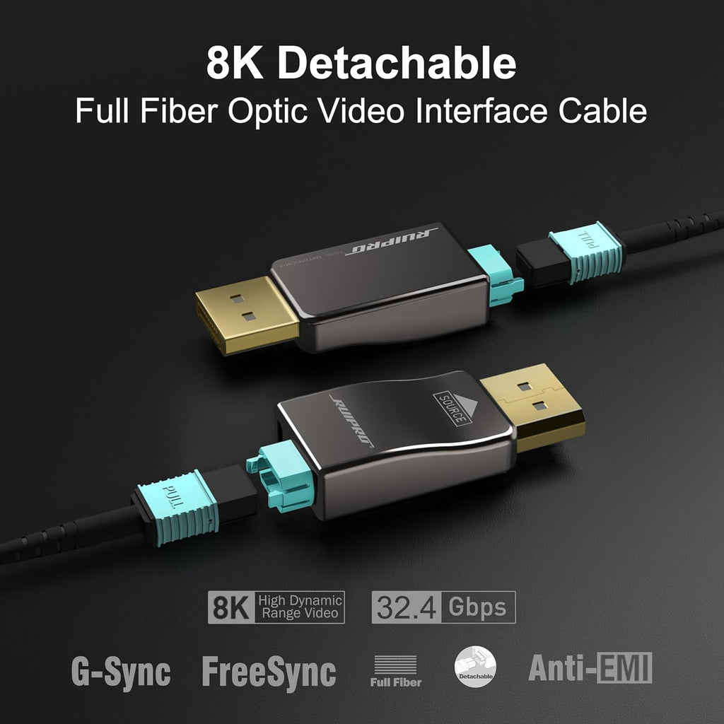 RUIPRO 8K Detachable Full Fiber Optic Armored 8K60Hz Cable 1.4, 10FT, 32.4 Gbps, Supports 4K@144Hz,high Dynamic Range Video, HDCP 2.2, FreeSync & G-Sync, Compatible with RTX 4090/3090 Ti/RX 7900 XTX