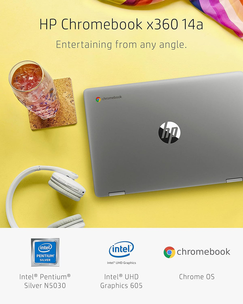 HP Chromebook x360 14a 2-in-1 Laptop, Intel Pentium Silver N5030, 4 GB RAM, 64 GB eMMC, 14' HD Micro-Edge Touchscreen, Chrome OS, 720p Webcam, Dual Speakers, Long Battery Life (14a-ca0023nr, 2021)