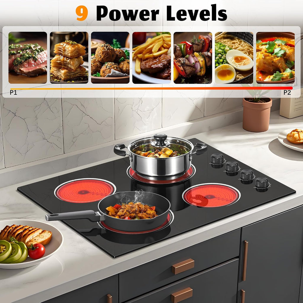 4 Burners Electric Stove Top with Knob Control,24 Inch,6000W Built-in Radiant Electric Cooktop, 9 Power Levels, Hot Warning, 220V Hard Wire(No Plug)