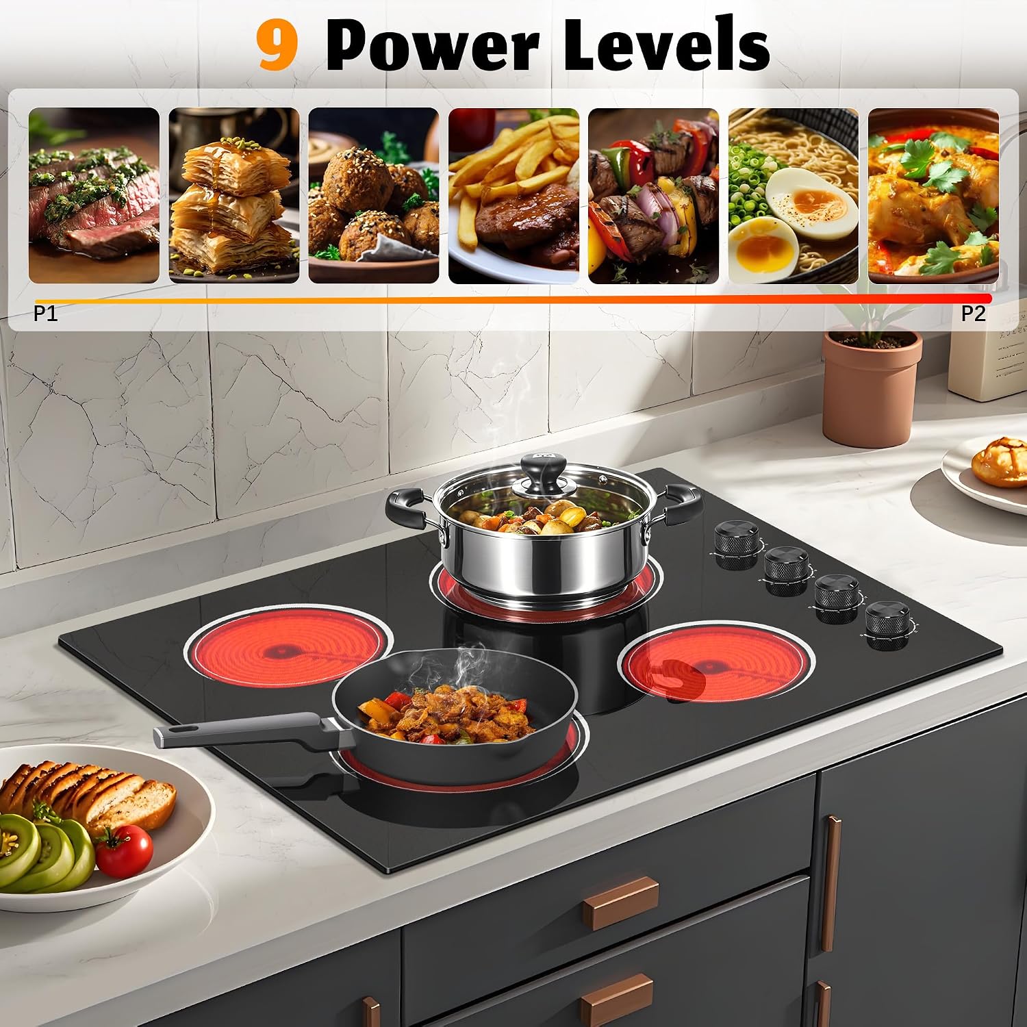 4 Burners Electric Stove Top with Knob Control,24 Inch,6000W Built-in Radiant Electric Cooktop, 9 Power Levels, Hot Warning, 220V Hard Wire(No Plug)