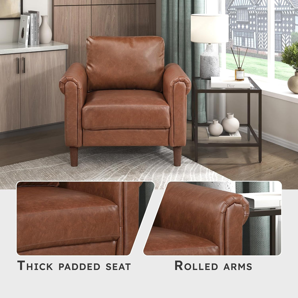 Lexicon 35' W Living Room Accent Chair, Faux Leather Upholstered Armchair with Rolled Arms & Wood-Look Feet, Traditional Single Sofa Chair for Living Room, Bedroom or Office - Chocolate
