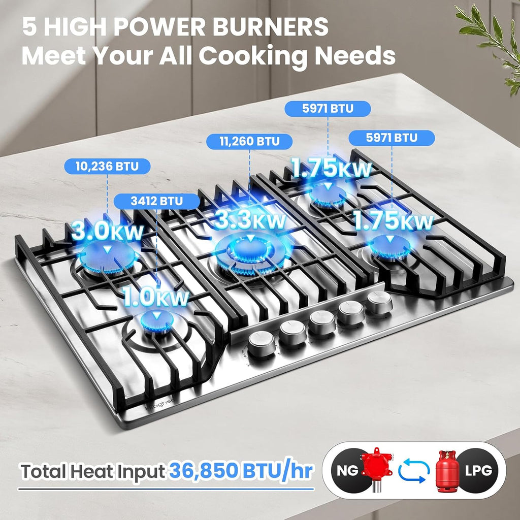 34 Inch Gas Cooktop, Built In Gas Stove Top with 5 Sealed Burners NG/LPG Convertible Stainless Steel Propane Cooktop with Thermocouple Protection