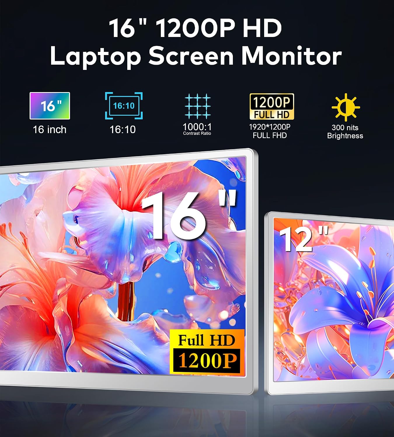 Laptop Screen Extender 16'- 1200P 16:10 FHD Triple Monitor for 12-18.5', Portable Monitor for Laptop with HDMI and USB-C Connectivity for MacBooks(NOT M1 M2 M3)/Wins, Chrome, Surface