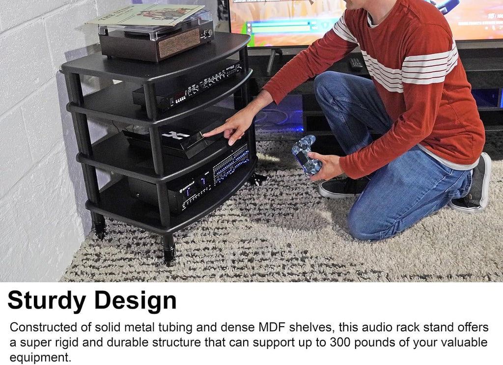 Rockville Bundle: Rockville FLX Black Adjustable Height 4 Shelf Home Theater A/V Audio Rack Stand Bundle with Rockville Shelf for FLX Black Add-On Shelf + Tubes for FLX Black (2 Items)