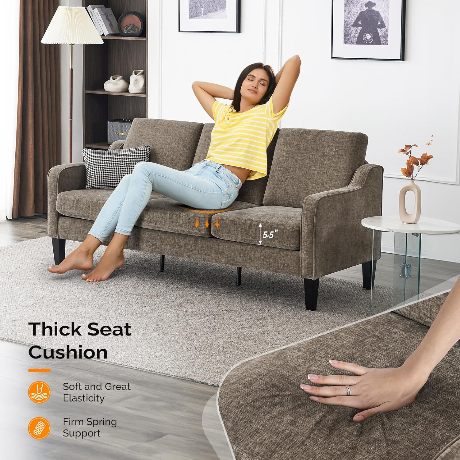 VINGLI Couches for Living Room, Brown 71' Small Sofa Mid Century Modern Couches 3 Seater Comfy Couch Upholstered Soft Chenille Floor Couch for Bedroom, Apartment, Office