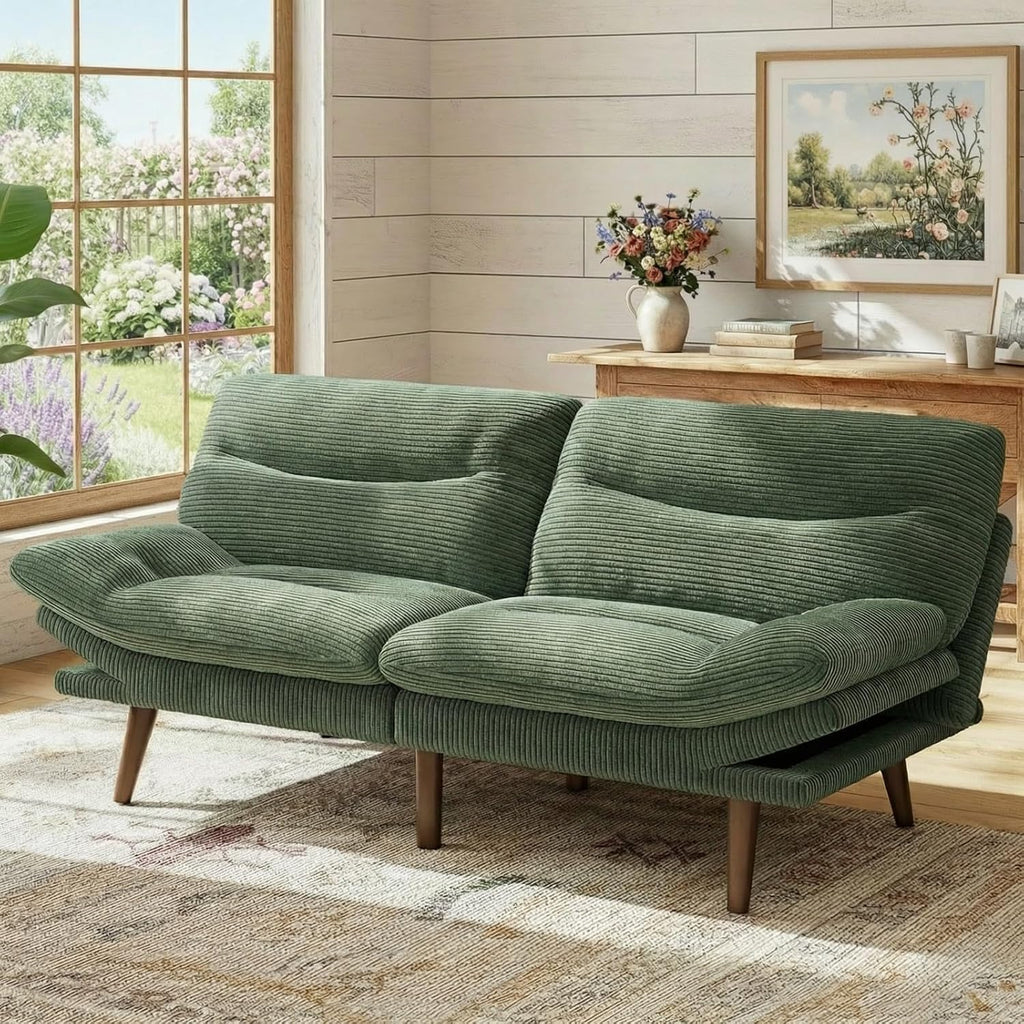 Marsail 74.8' Futon Sofa Bed, Corduroy Convertible Futon Couch with Adjustable Backrest & Armrests, Small Sleeper Sofa Loveseat for Small Apartments, Study Room, Office, Green