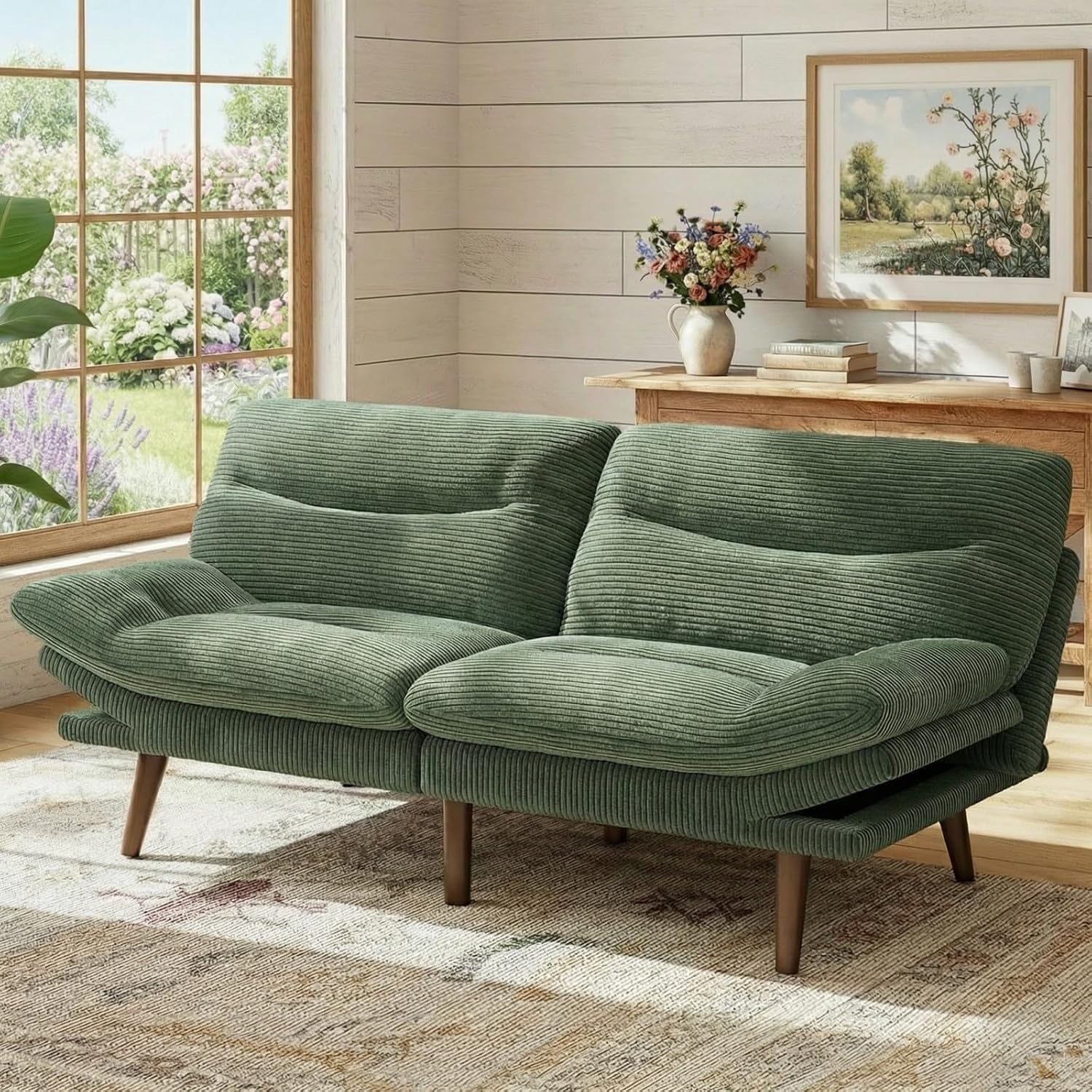Marsail 74.8' Futon Sofa Bed, Corduroy Convertible Futon Couch with Adjustable Backrest & Armrests, Small Sleeper Sofa Loveseat for Small Apartments, Study Room, Office, Green