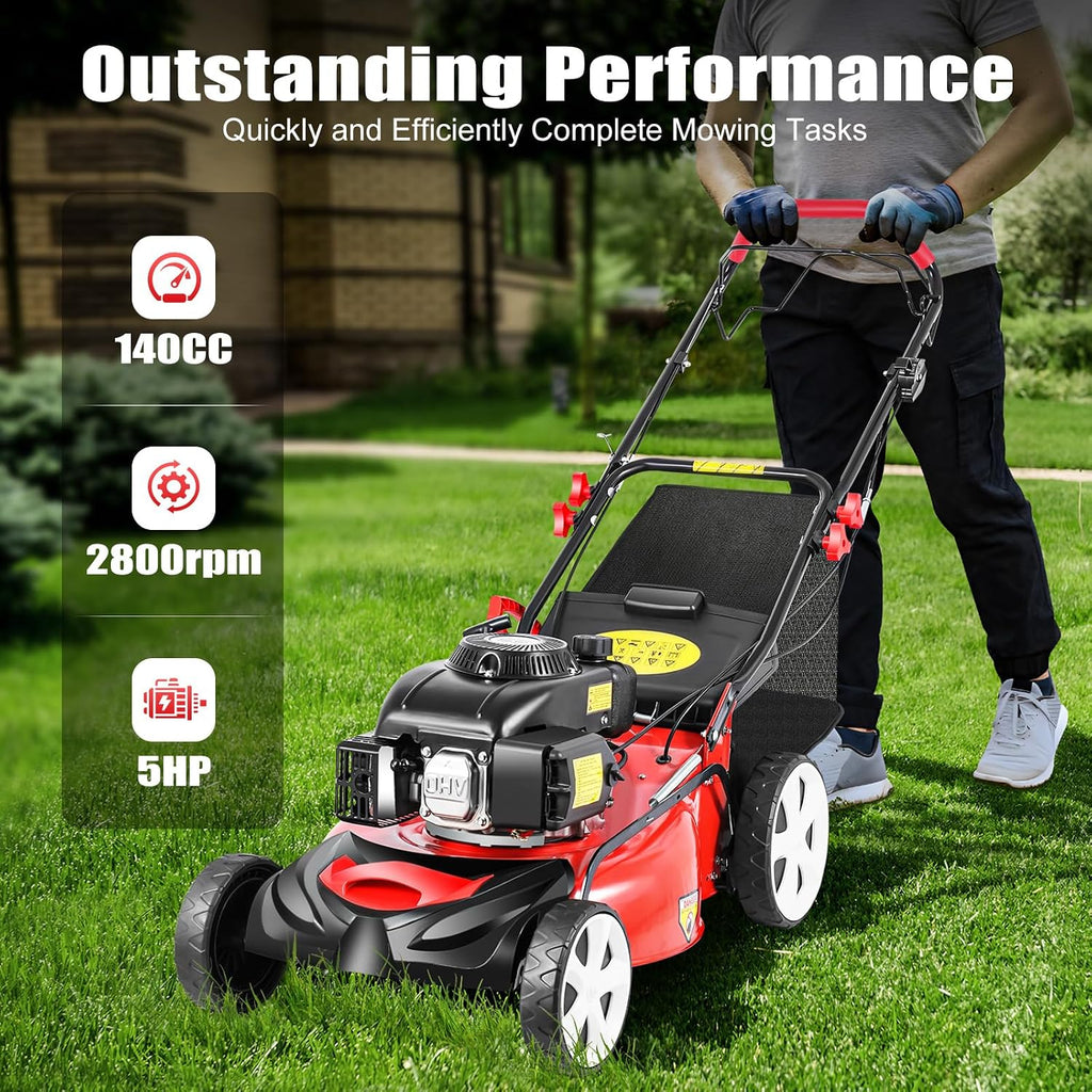 20-Inch Self-Propelled Gas Lawn Mower - 140cc 4-Stroke Engine, 3-in-1 Rear Bag/Mulch/Side Discharge, 8-Position Height Adjustment, 60L Grass Bag, Ideal for Lawn Weeding