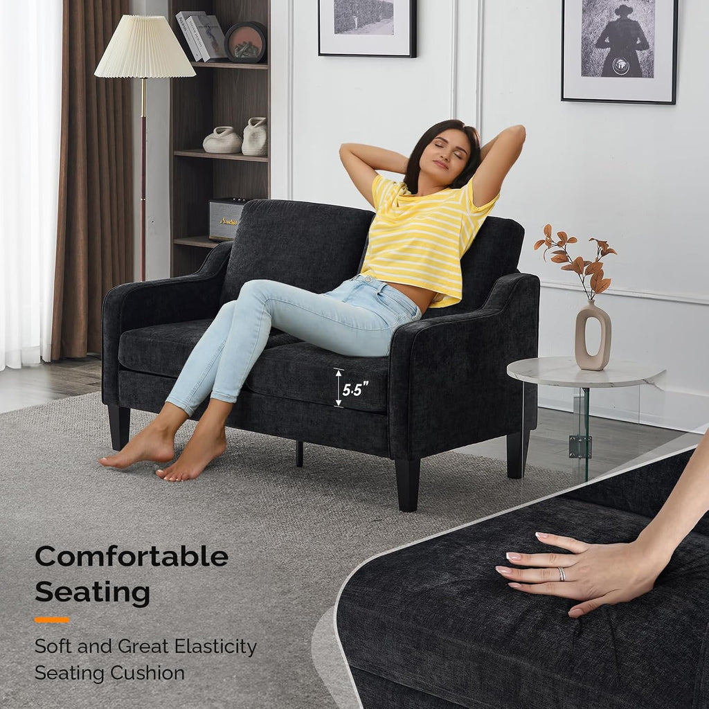 VINGLI Mid-Century Modern Loveseat Sofa Couch, Living Room 53' Love Seat 2 Seater Upholstered Comfy Couches with Scooped Armrest for Small Spaces, Dorm, Bedroom, Apartment, Office (Black)