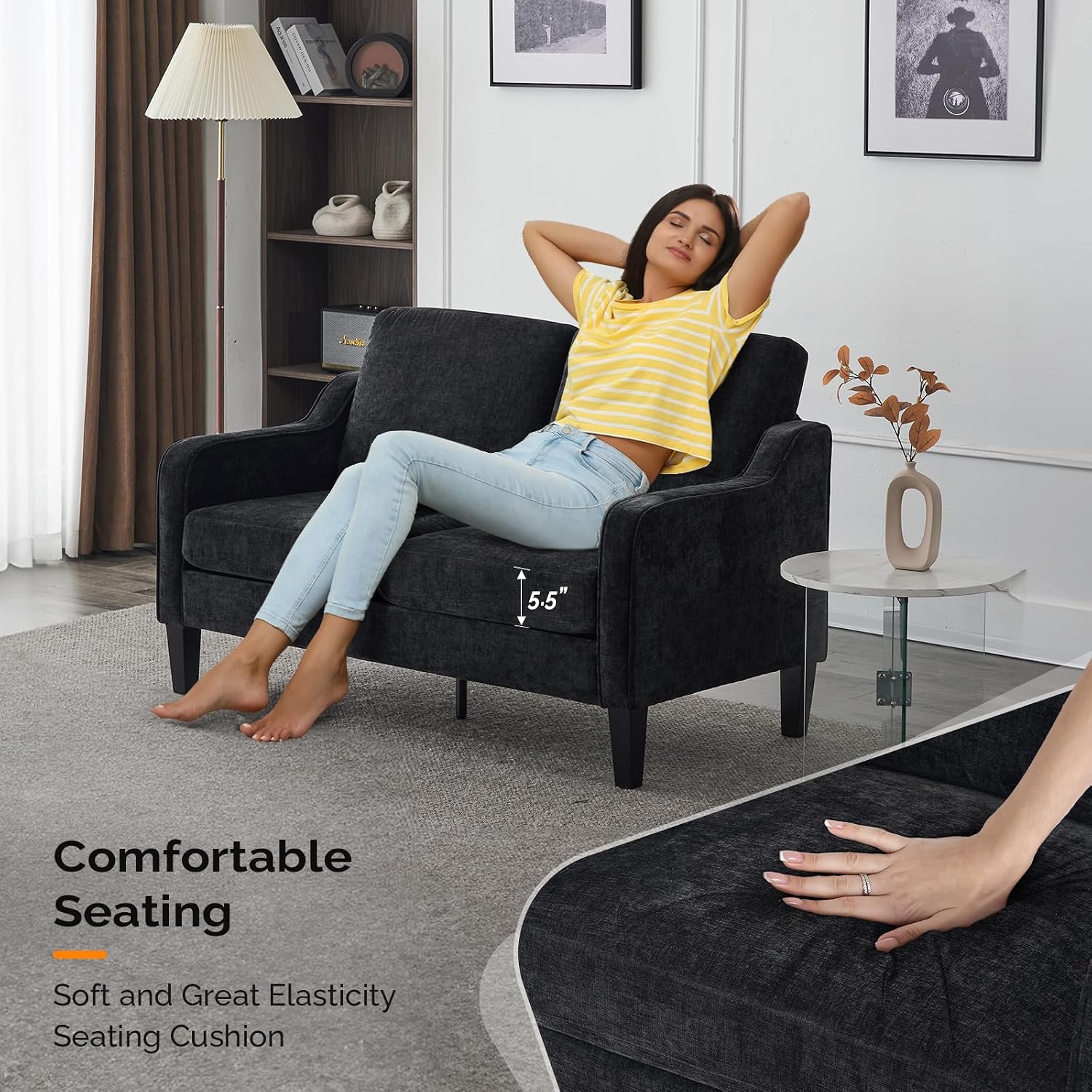 VINGLI Mid-Century Modern Loveseat Sofa Couch, Living Room 53' Love Seat 2 Seater Upholstered Comfy Couches with Scooped Armrest for Small Spaces, Dorm, Bedroom, Apartment, Office (Black)