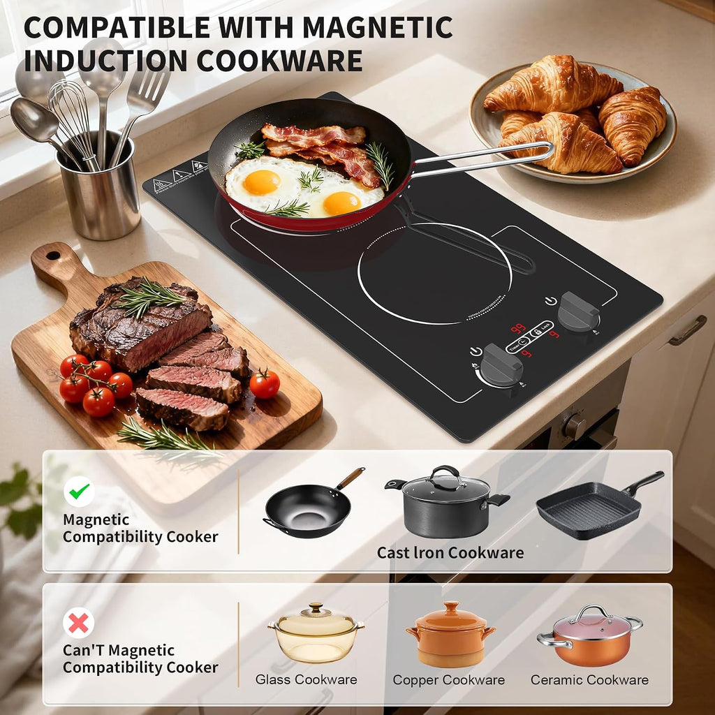 VBGK Induction Cooktop,110V 2300W 2 burner hot plate with Knob Control,9 Power Levels, Kids Lock & Timer,LED touch control,Overheat Protection Electric stove,2 burner induction cooktop