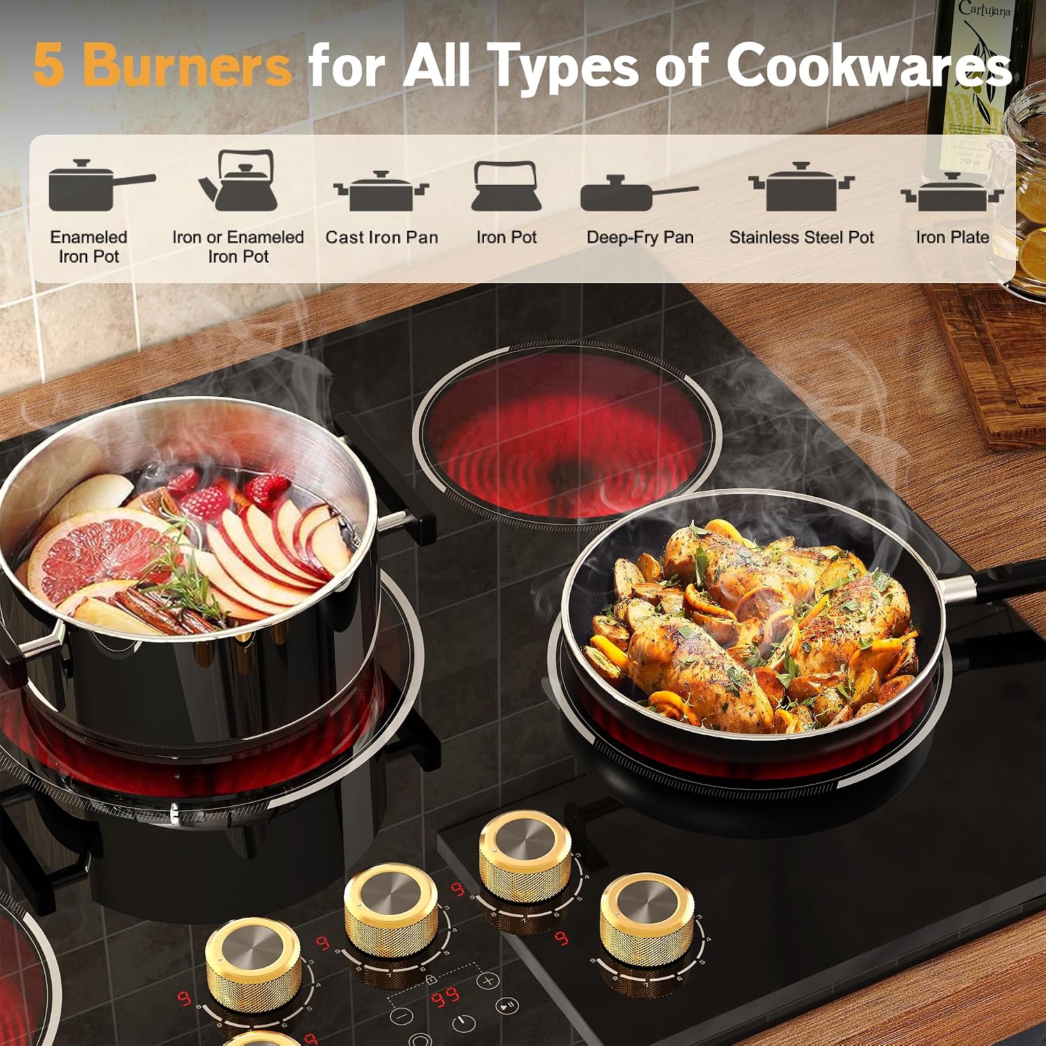 30 Inch Electric Cooktop, 30' Electric Stove 8500W, 5 Burner Ceramic Cook Top Built-in, Knob & Touch Control, Expanded Zone, Child Lock, Pause Function, 220V - 240V Hard Wire, No Plug