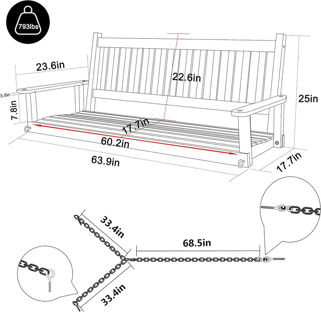 MUPATER Outdoor Patio Hanging Wooden Porch Swing 5FT with Chains, 3-Person Heavy Duty Swing Bench for Garden and Backyard, Rustic