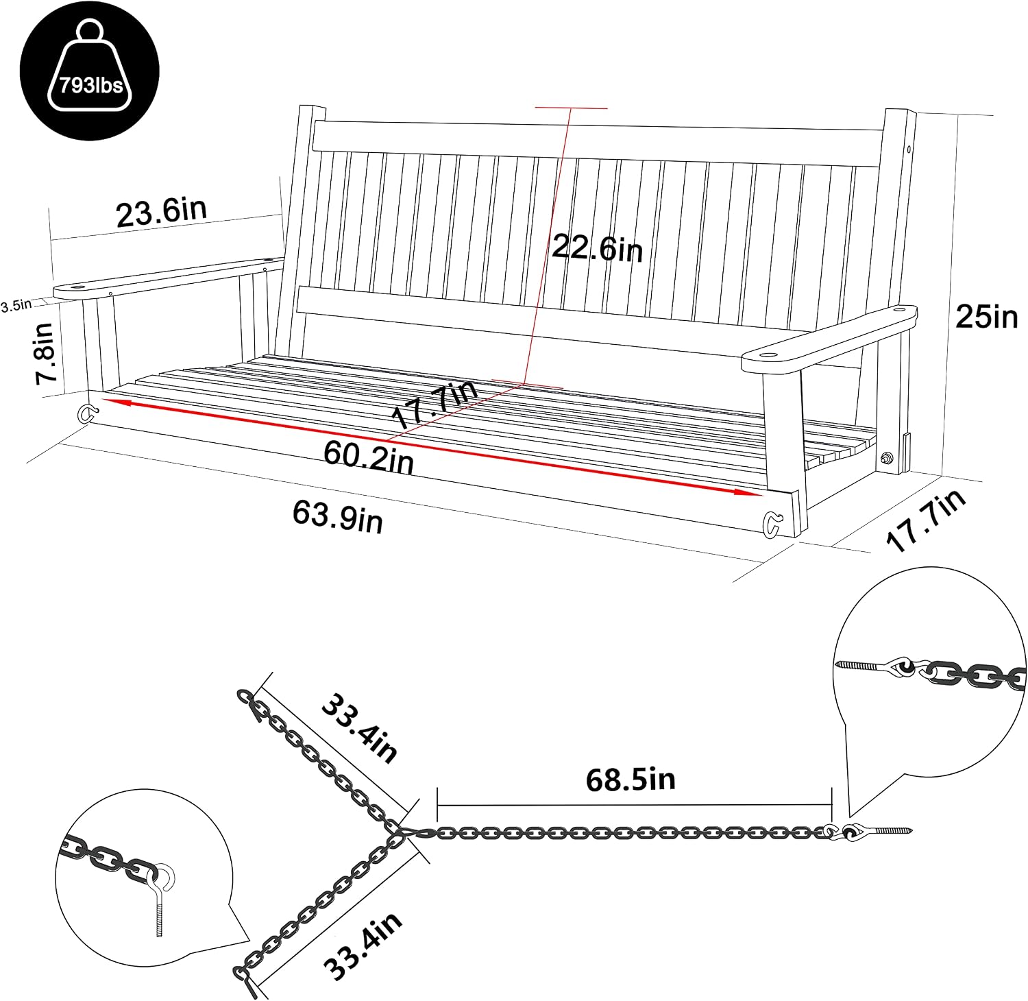 MUPATER Outdoor Patio Hanging Wooden Porch Swing 5FT with Chains, 3-Person Heavy Duty Swing Bench for Garden and Backyard, Rustic
