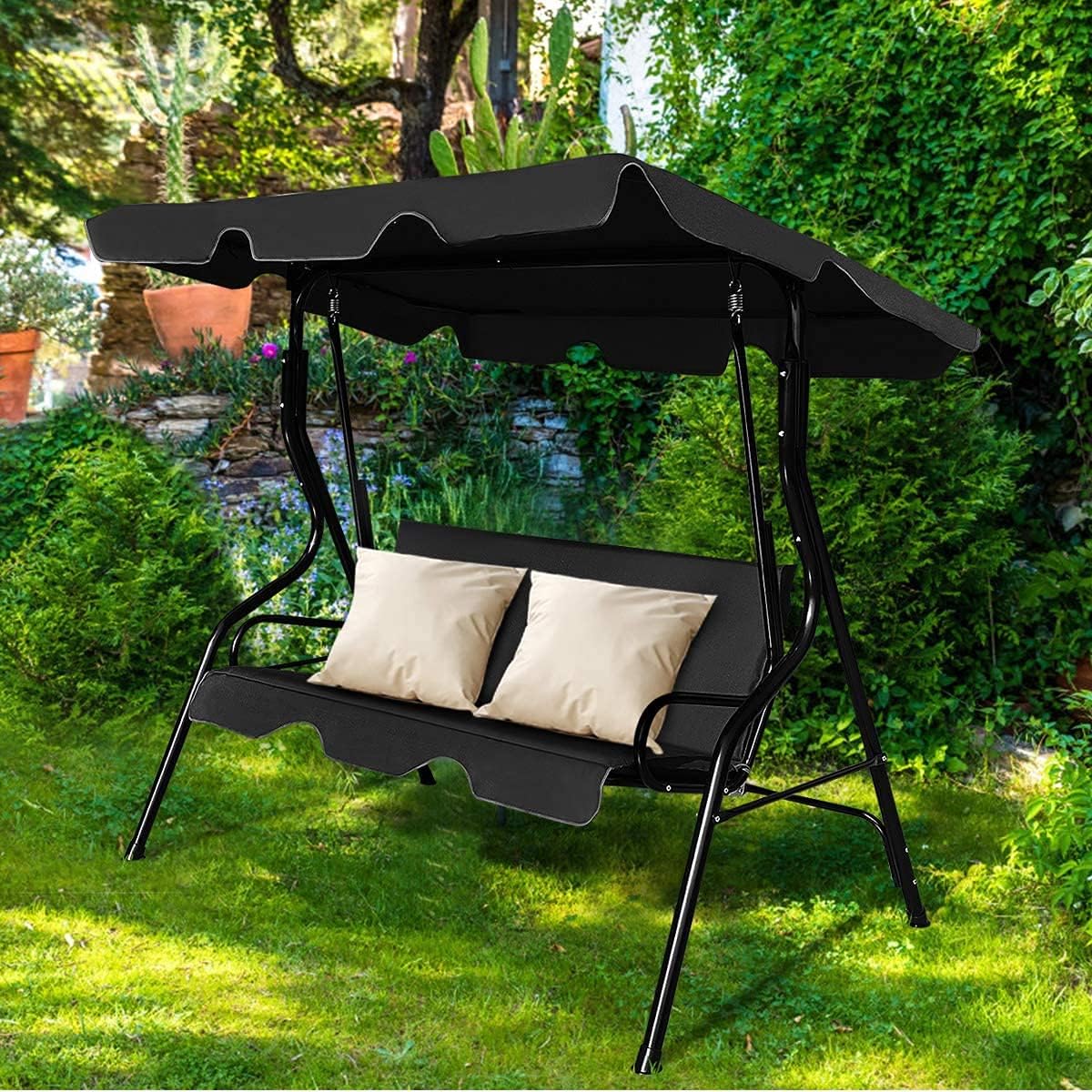 3-Seater Canopy Swing Chair, Waterproof Outdoor Swing Cushioned Seat with Adjustable & Removable Canopy, Steel Frame Polyester Fabric Oxford Cloth Patio Hammock Cover Top (Black)